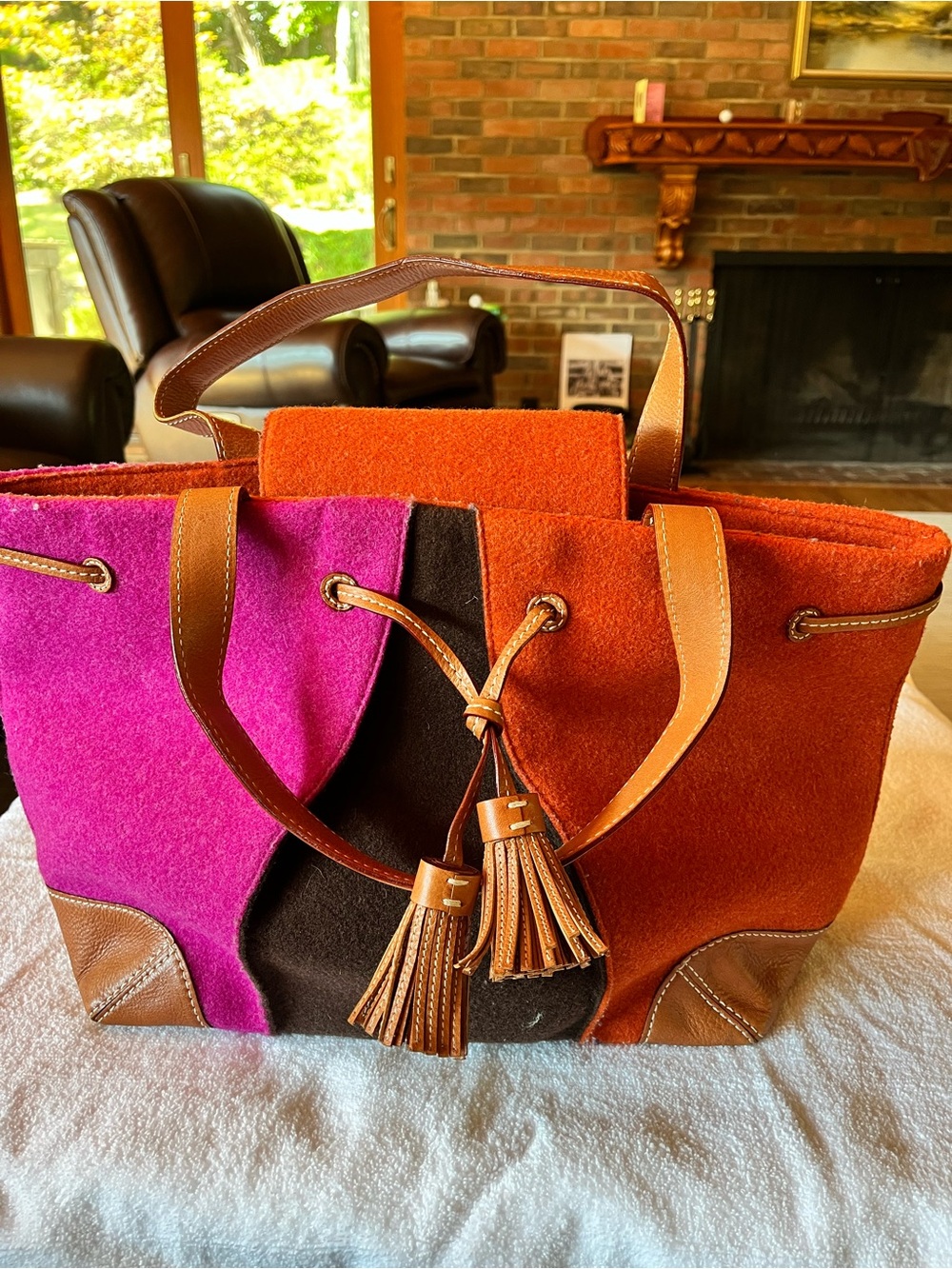 kate spade Felt Colorblock Tote in Fuchsia, Brown & Orange with Tan Trim